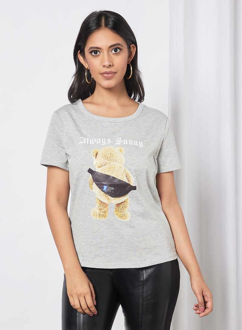 Aila Casual Short Sleeve Round Neck Graphic Print Knit T-Shirt Light Grey - Image 1