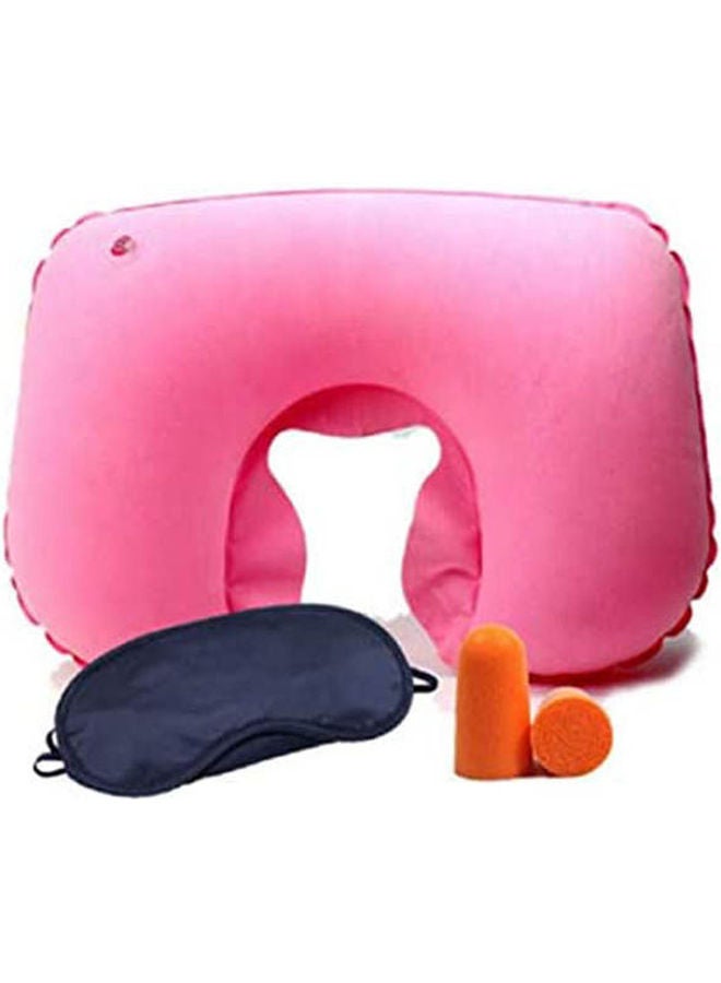 Set Of Travel Kit Inflatable U Shape Neck Pillow And Eye Mask+Ear Plugs 3 In1 Comfortable Business Trip Combination Pink