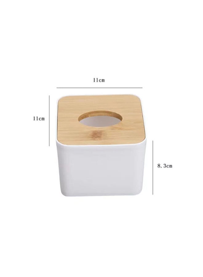 fashionhome - Plastic Square Shape Facial Tissue Box With Bamboo Cover White 11x11x8.3cm - Image 1