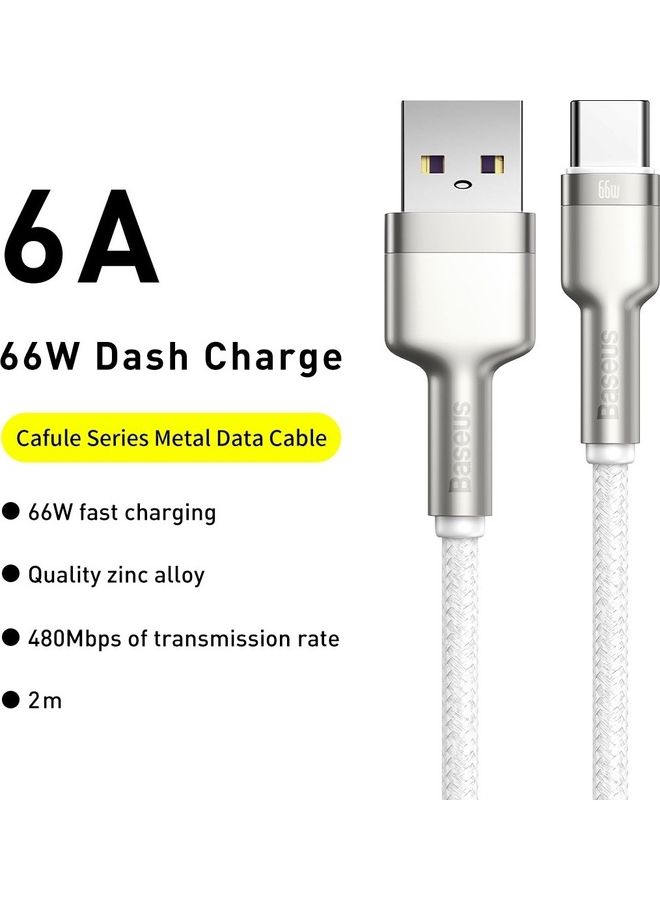 بيسوس - كابل بيانات معدني بطول 2 متر من سلسلة كافولي من USB إلى Type-C بقدرة 66 وات بخاصية الشحن السريع لهاتف هواوي P30، وP20 لايت، وP20، وميت 20، وميت 20 برو، وميت RS، وهونر فيو 20، وهونر ماجيك 2، وغير ذلك المزيد. وجميع أجهزة الأندرويد. أبيض - Image 1