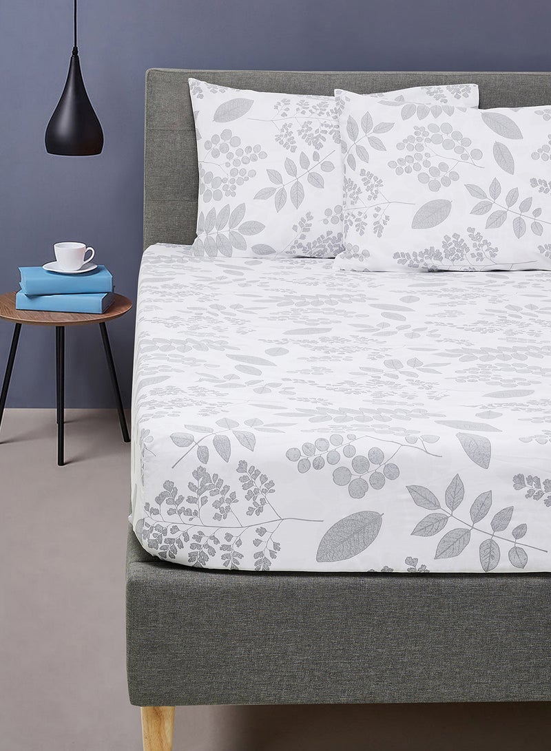Noon East Fitted Bedsheet Set Twin Size  100% Cotton Percale Light Weight Everyday Use 180 TC High Quality 1 Bed Sheet And 2 Pillow Cases Printed Design White/Dark Grey Color White/Dark Grey 120 x 200 + 33cm  - Image 2