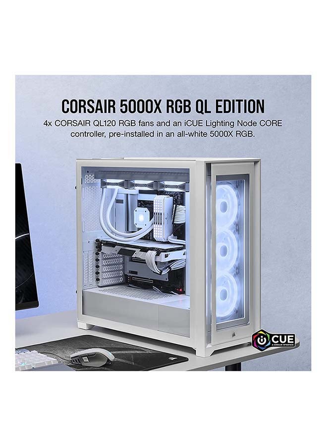 CORSAIR - iCUE 5000X RGB QL Edition Mid-Tower Case - (Four CORSAIR QL120 RGB Fans, Included CORSAIR iCUE Lighting Node CORE, Easy Cable Management, 136 Total RGB LEDs) - Image 1