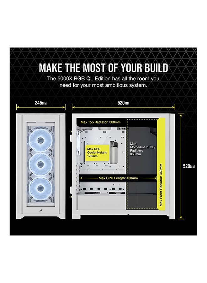 CORSAIR - iCUE 5000X RGB QL Edition Mid-Tower Case - (Four CORSAIR QL120 RGB Fans, Included CORSAIR iCUE Lighting Node CORE, Easy Cable Management, 136 Total RGB LEDs) - Image 1