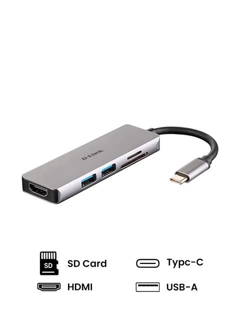 موزع منافذ USB-C‏ بتصميم 5 في 1 مع منفذ HDMI وقارئ بطاقات مايكرو SD طراز DUB-M530 رمادي