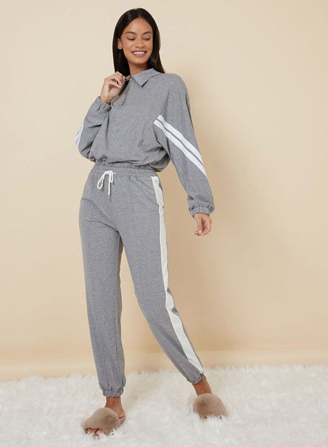 Closet By Styli Long Sleeve Collared T-Shirt With Pants Charcoal - Image 1