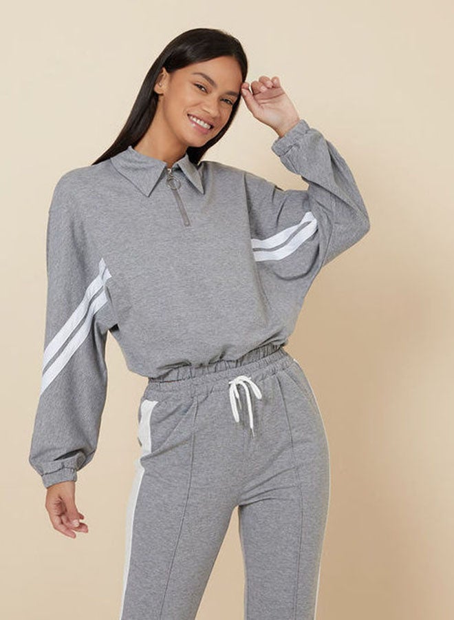 Closet By Styli Long Sleeve Collared T-Shirt With Pants Charcoal - Image 2