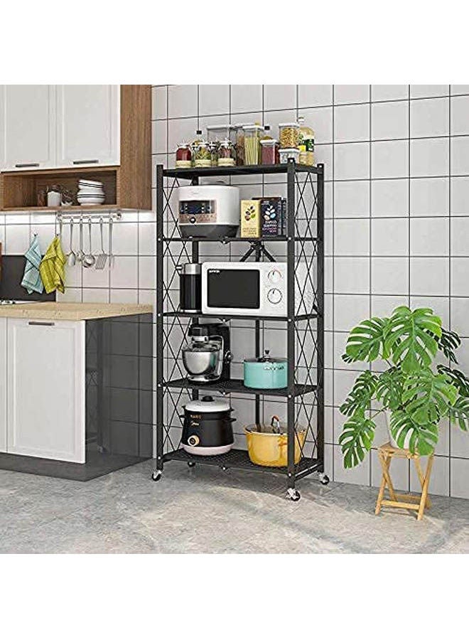 5-Layer Foldable Metal Storage Rack 4-Wheel Garage Garage Bakery Closet Wire Rack Foldable Storage Rack BLack 71x34x158cm