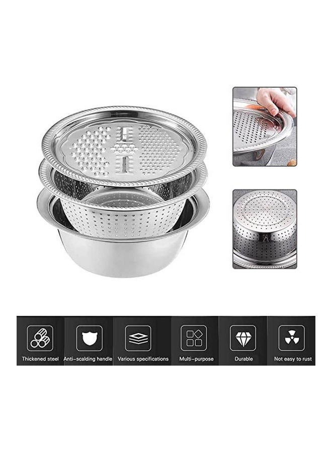 Generic - Basin With Grater 3 In 1 Vegetable Cutter Julienne Grater With Drain Basket Vegetable Fruits Washing Bowl Strainer Set Silver 30cm - Image 1