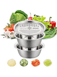 Basin With Grater 3 In 1 Vegetable Cutter Julienne Grater With Drain Basket Vegetable Fruits Washing Bowl Strainer Set Silver 30cm
