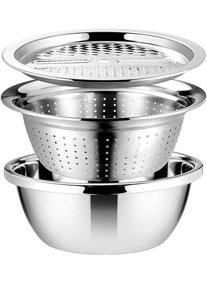 Drain Basket Vegetable Cutter 3 In 1 Kitchen Multipurpose Julienne Grater Salad Bowl For Home Silver - Image 1