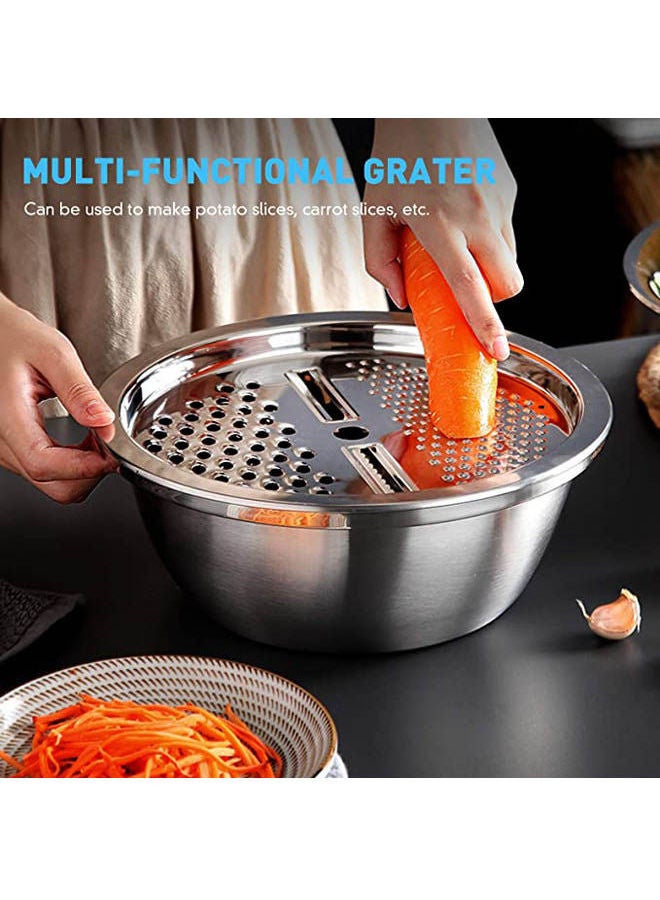 Drain Basket Vegetable Cutter 3 In 1 Kitchen Multipurpose Julienne Grater Salad Bowl For Home Silver - Image 2