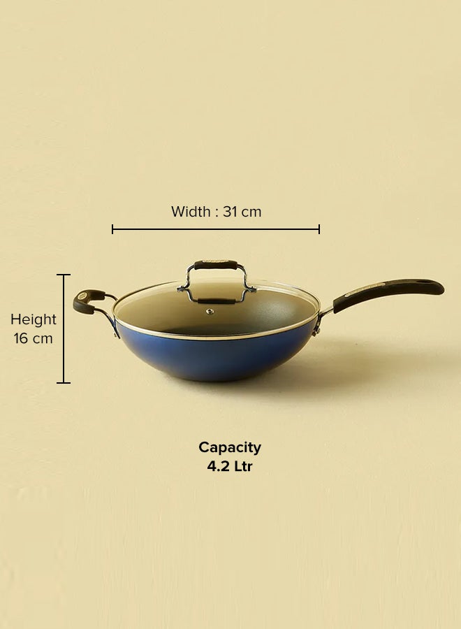 ايست من نون مقلاة ووك بسطح مانع للالتصاق عند التقليب وسعة 4.2 لترات ومزودة بغطاء - مقاس 30 سم - لون أزرق أزرق - Image 1