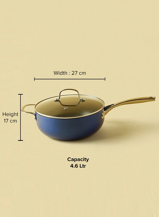 Noon East - 4.6 L Frying Pan - Aluminum Pan Coated With Non-Stick Surface - Heavy Bottom Chef'S - Tempered Glass Lid - PFOA Free - Blue Blue - Image 1