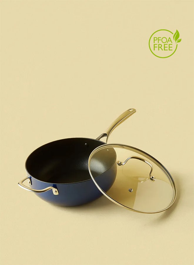 Noon East - 4.6 L Frying Pan - Aluminum Pan Coated With Non-Stick Surface - Heavy Bottom Chef'S - Tempered Glass Lid - PFOA Free - Blue Blue - Image 1