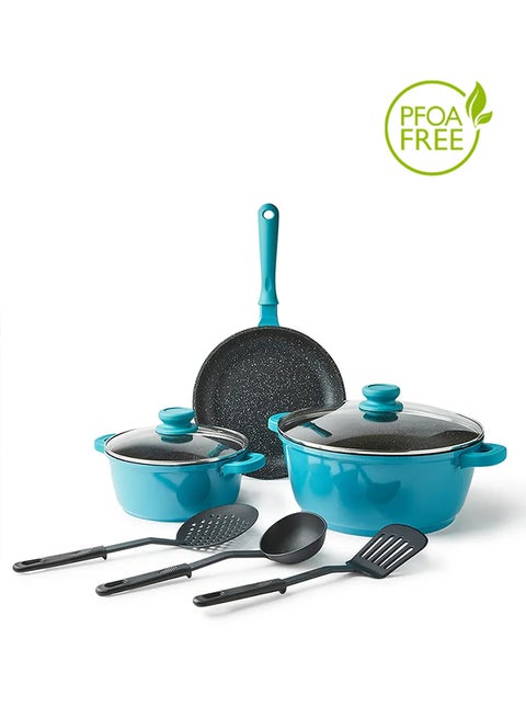 8 Piece 8 Piece Cookware Set - Cast Aluminum Pots And Pans - Non-Stick Surface - Tempered Glass Lids - PFOA Free - Frying Pan, Casserole With Lid, Kitchen Tools - Blue Blue