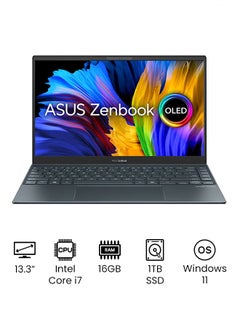 Zenbook 13 OLED UX325EA-OLED001W Slim Laptop With 13.3-Inch Display, Core i7-1165G7 Processor/16GB RAM/1TB SSD/Intel Iris XE Graphics/Windows 11 Home English/Arabic Pine Grey
