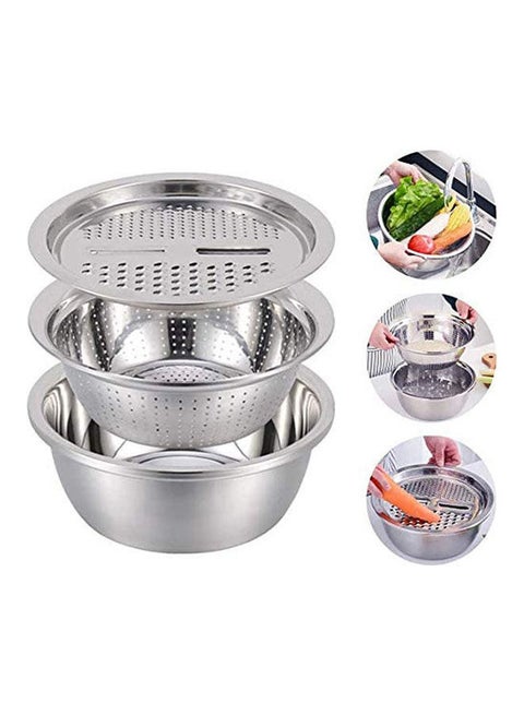 Basin With Grater 3 In 1 Vegetable Cutter With Drain Basket Silver 26cm