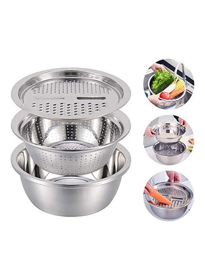 Generic - Basin With Grater 3 In 1 Vegetable Cutter With Drain Basket Silver 26cm - Image 1