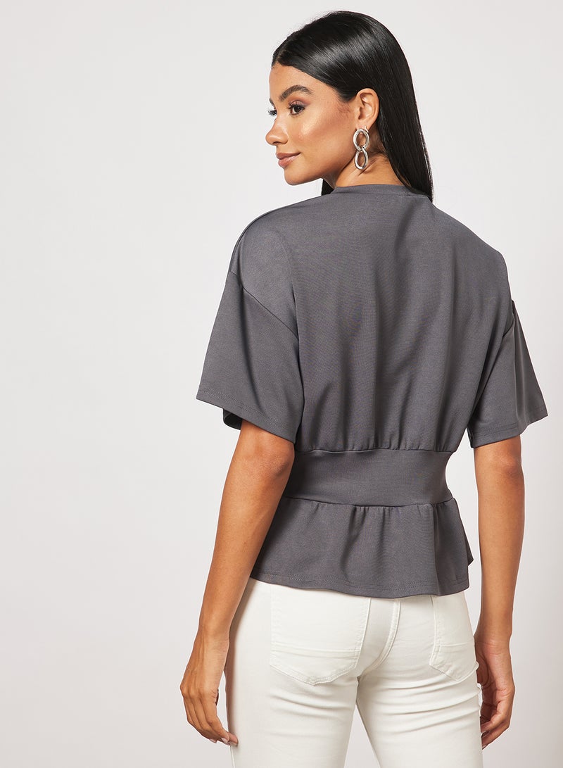 Aila Women's Solid Design Casual Strechable Waist Top Grey  - Image 2