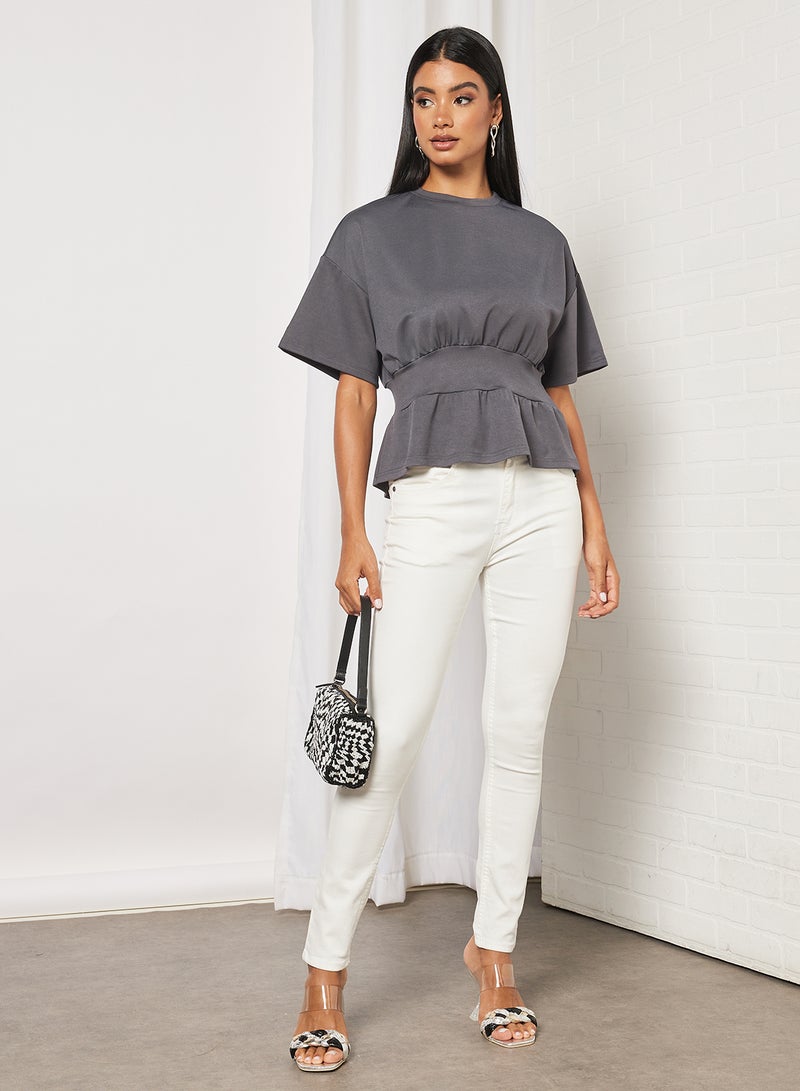 Aila Women's Solid Design Casual Strechable Waist Top Grey  - Image 4