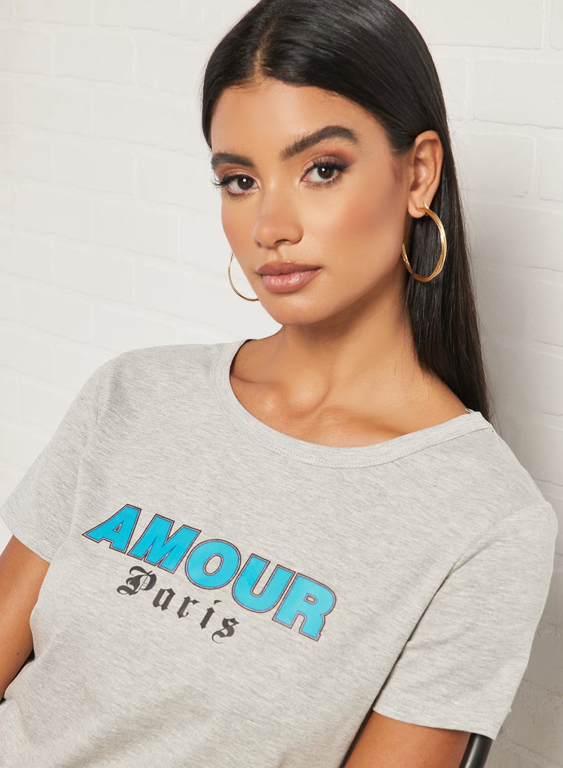 Aila Casual Short Sleeve Round Neck Graphic Print Knit T-Shirt Light Grey  - Image 3