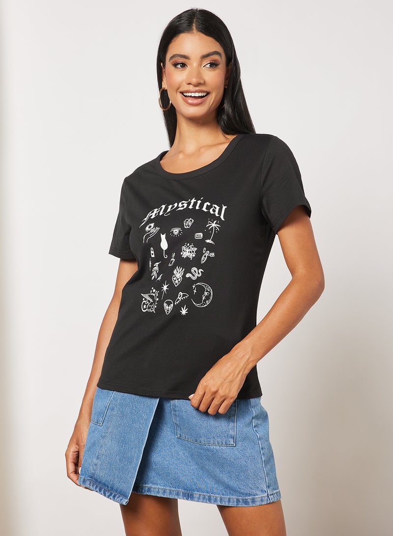 Aila Casual Short Sleeve Round Neck Graphic Print Knit T-Shirt Black  - Image 1