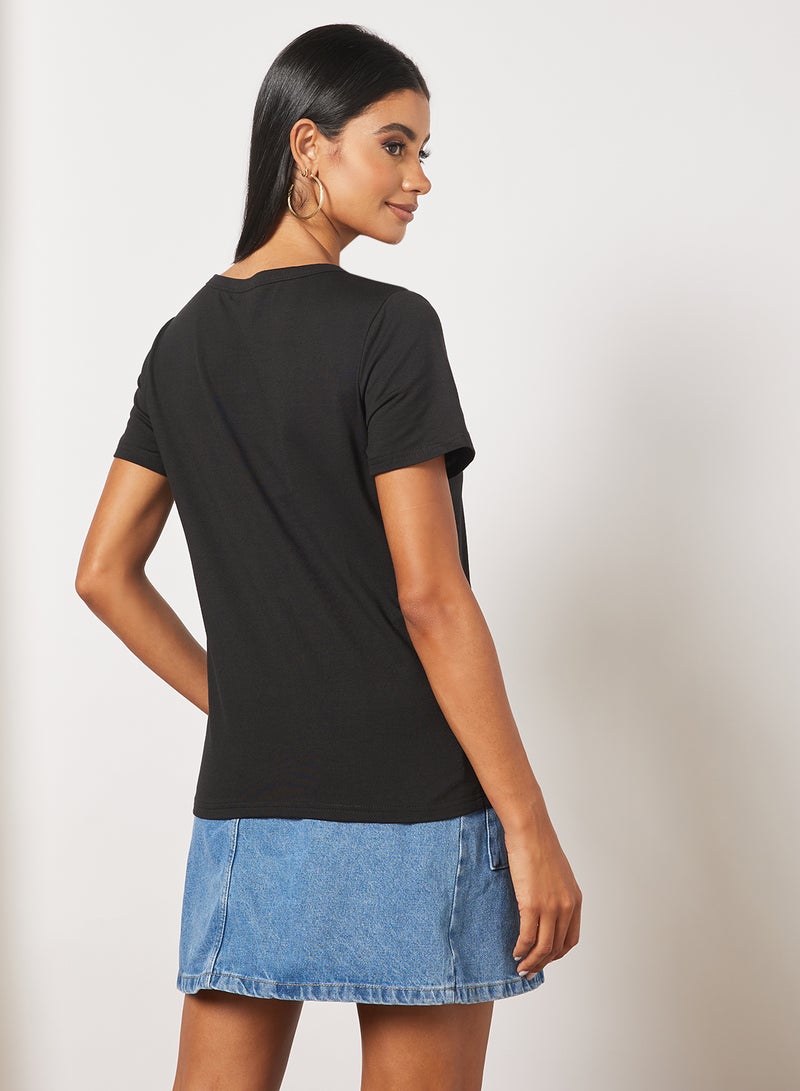 Aila Casual Short Sleeve Round Neck Graphic Print Knit T-Shirt Black  - Image 2