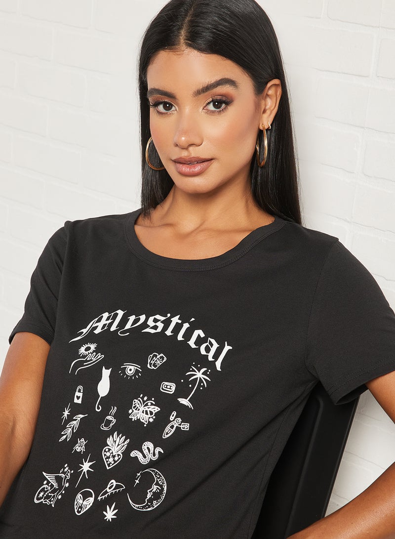 Aila Casual Short Sleeve Round Neck Graphic Print Knit T-Shirt Black  - Image 3