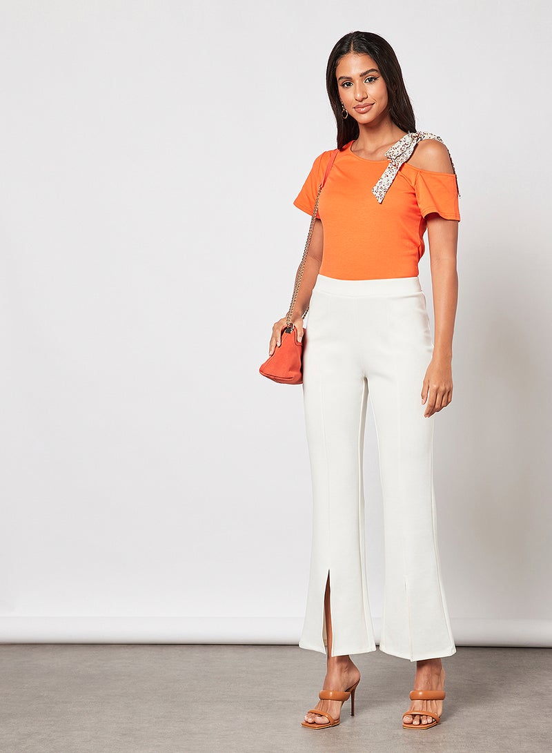 Aila Casual Slanted Shoulder Strap Short Sleeve Solid T-Shirt Orange  - Image 4