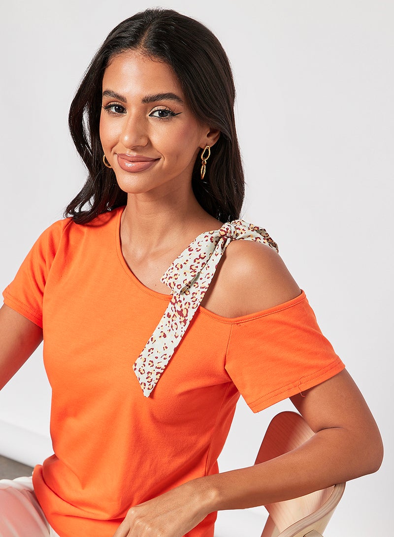 Aila Casual Slanted Shoulder Strap Short Sleeve Solid T-Shirt Orange  - Image 3