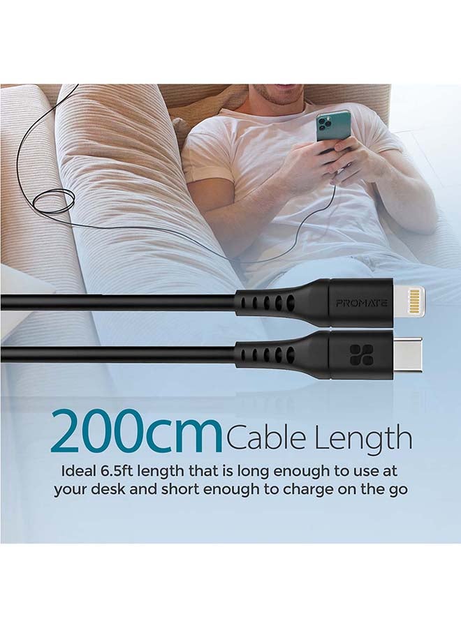 PROMATE - 20W Power Delivery Fast Charging Lightning Cable 2M Black - Image 1