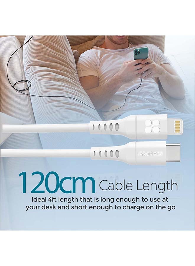 PROMATE - iPhone14 Type-C to Lightning Cable for iPhone 13, Ultra-Fast Charging 3A USB-C to Lightning Sync Charge Cord with 20W Power Delivery and Anti-Tangle 1.2m Soft Silicone Cable for iPhone, iPad, iPod, AirPods, PowerLink-120 White - Image 1