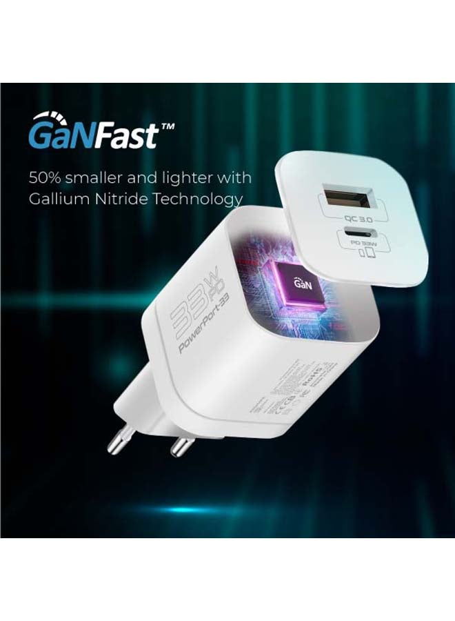 PROMATE - GaN USB-C Charger, Ultra-Compact 33W USB-C Power Delivery Wall Charger With Fast 22.5W QC 3.0 Charging Port, Adaptive Smart Charging And Short-Circuit Protection For MacBook, iPad Pro, iPhone 13 White - Image 1