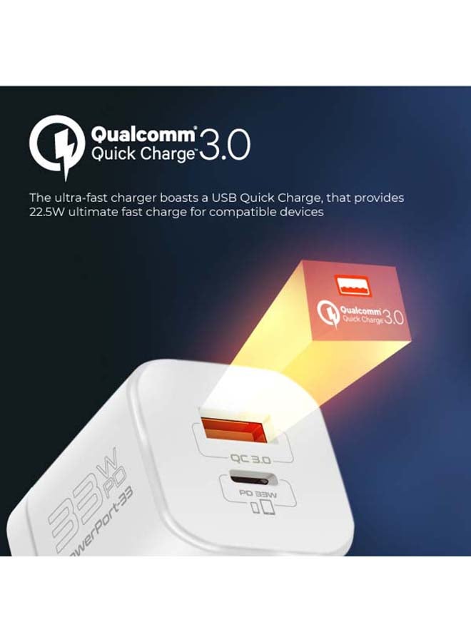 PROMATE - GaN USB-C Charger, Ultra-Compact 33W USB-C Power Delivery Wall Charger With Fast 22.5W QC 3.0 Charging Port, Adaptive Smart Charging And Short-Circuit Protection For MacBook, iPad Pro, iPhone 13 White - Image 1