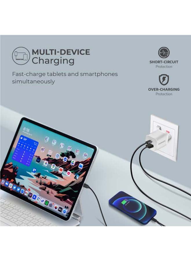 PROMATE - GaN USB-C Charger, Ultra-Compact 33W USB-C Power Delivery Wall Charger With Fast 22.5W QC 3.0 Charging Port, Adaptive Smart Charging And Short-Circuit Protection For MacBook, iPad Pro, iPhone 13 White - Image 1