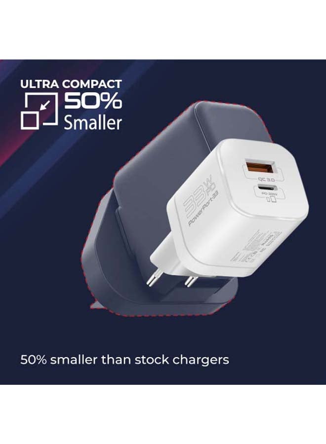 PROMATE - GaN USB-C Charger, Ultra-Compact 33W USB-C Power Delivery Wall Charger With Fast 22.5W QC 3.0 Charging Port, Adaptive Smart Charging And Short-Circuit Protection For MacBook, iPad Pro, iPhone 13 White - Image 1