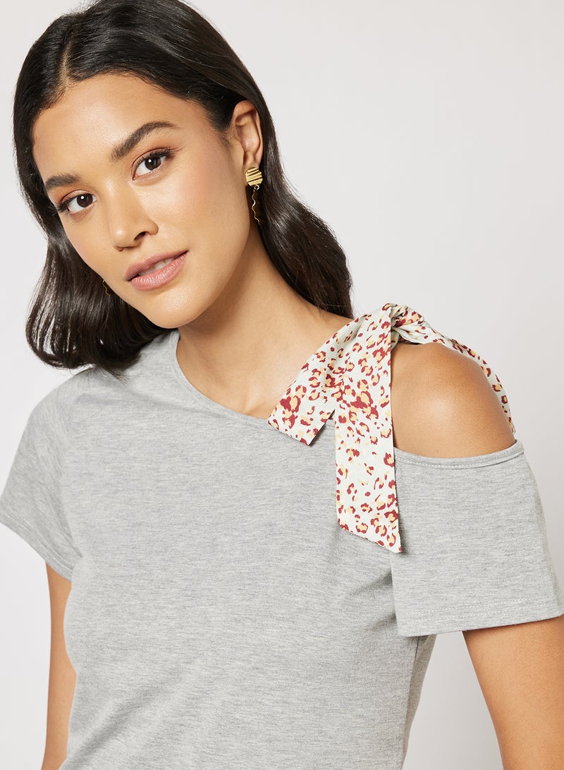 Casual Slanted Shoulder Strap Short Sleeve Solid T-Shirt Light Grey