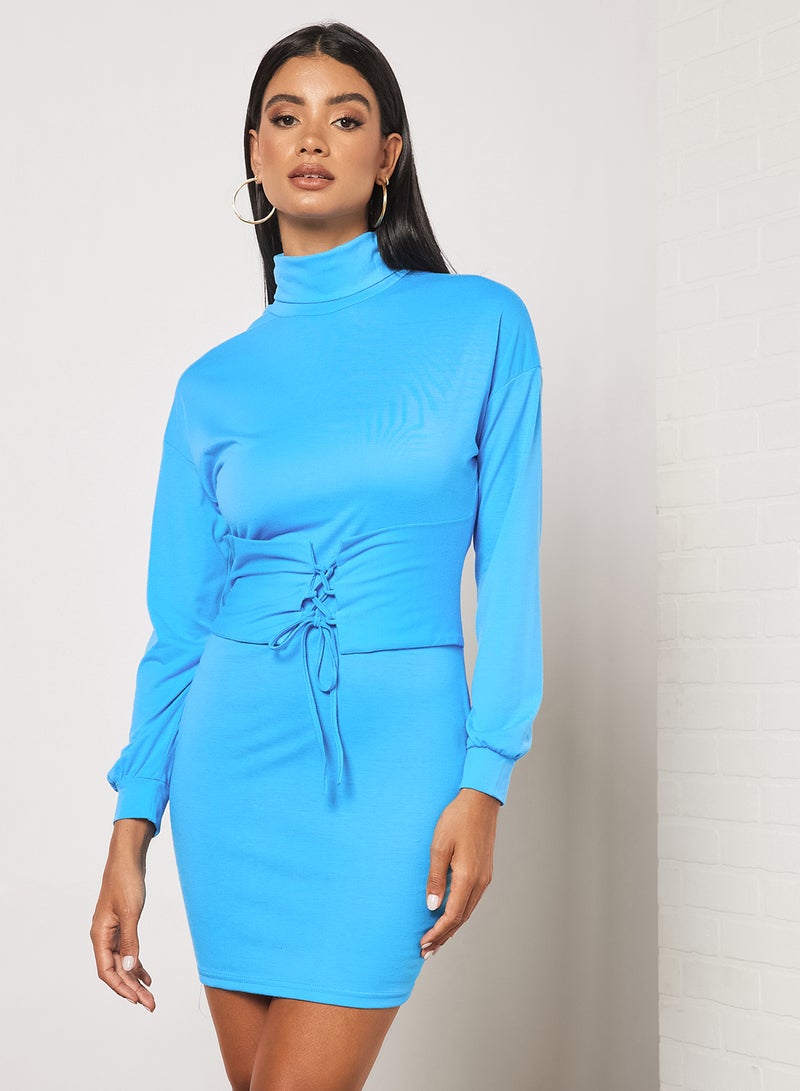 Aila Hign Neck Front Waist Ruched  Drawstring Dress Blue  - Image 1