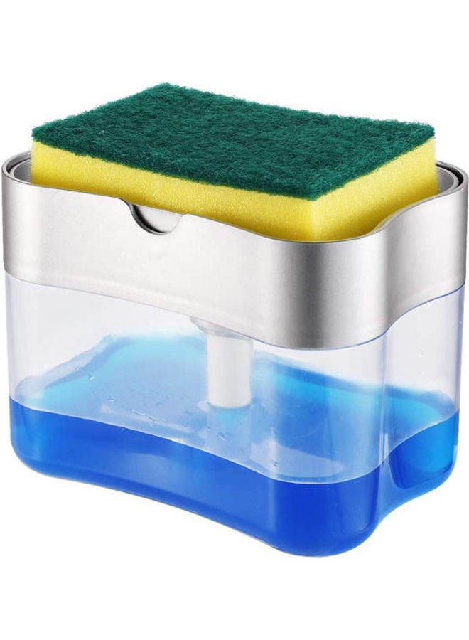 موزع صابون غسيل الأطباق، حامل إسفنجة موزع الصابون 2 في 1، حامل موزع صابون الأطباق، موزع صابون سطح الطاولة، موزع مضخة الصابون، حامل إسفنج، 13 أونصة، فضي