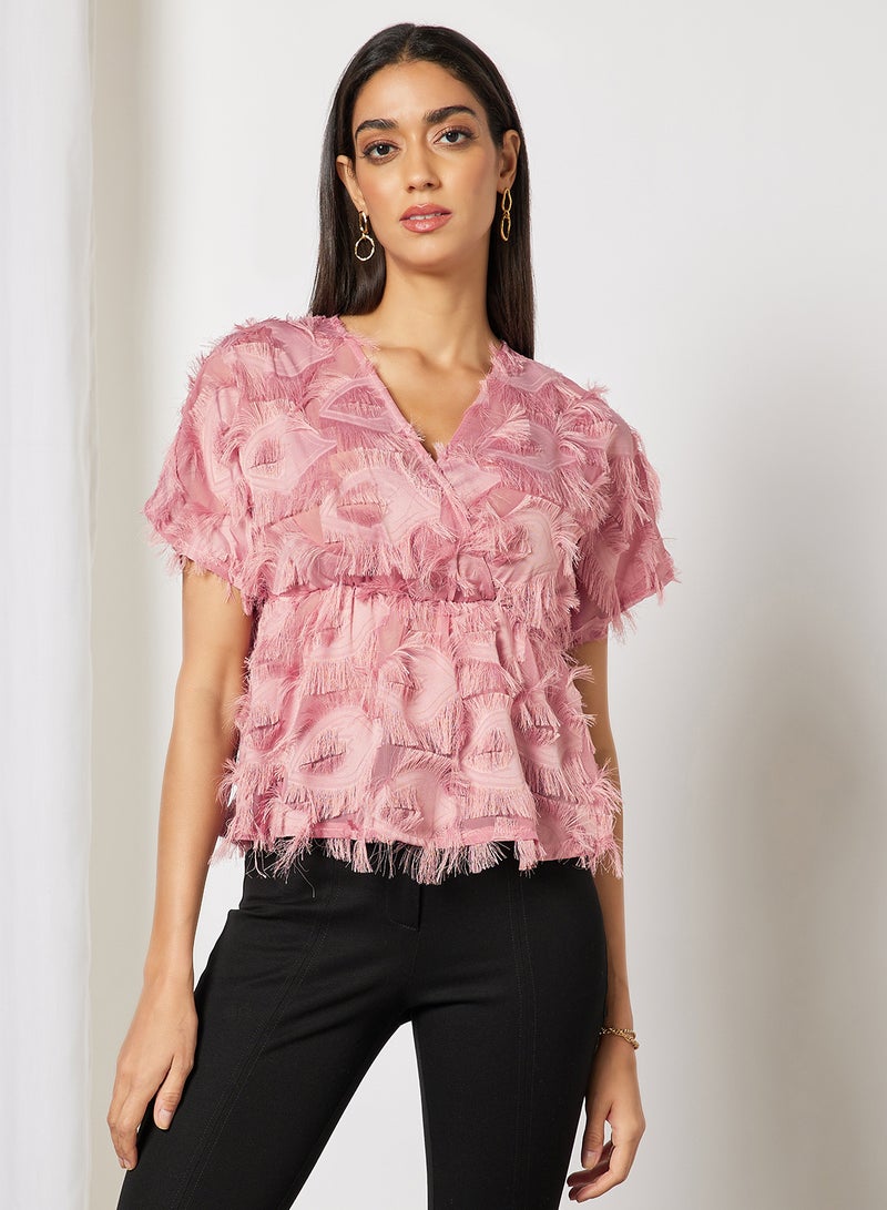 Aila Women's Frill Texture Short Sleeves V- Neck Top Dusty Pink  - Image 1