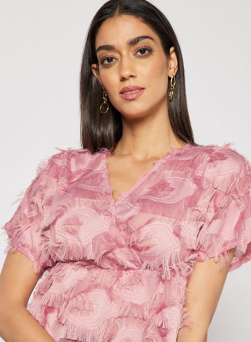 Aila Women's Frill Texture Short Sleeves V- Neck Top Dusty Pink  - Image 3