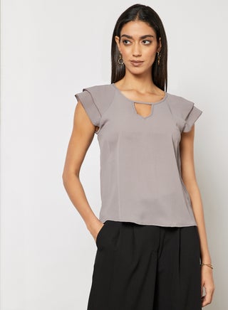 Women's Solid Design V-neck Casual Cap Sleeve Top Grey - v1649581659/N48035281V_1