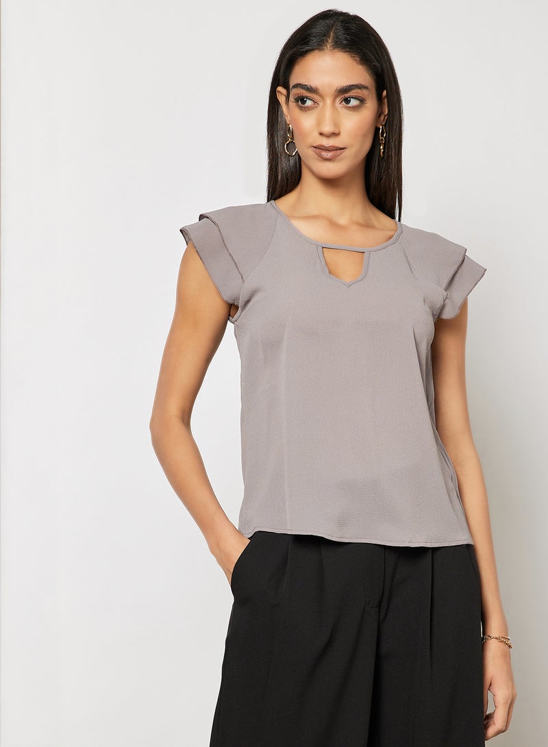 Aila Women's Solid Design V-neck Casual Cap Sleeve Top Grey  - Image 1