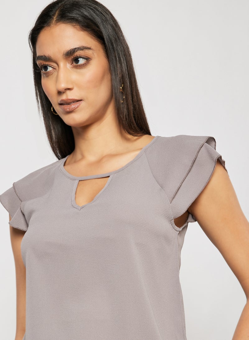 Aila Women's Solid Design V-neck Casual Cap Sleeve Top Grey  - Image 3