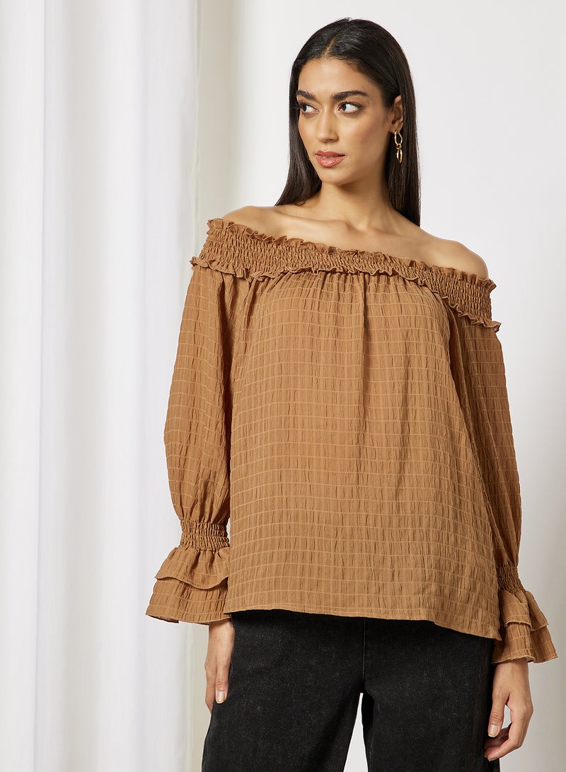 Aila - Women's Casual Solid Design Cold Shoulder Blouse Coffee - Image 1