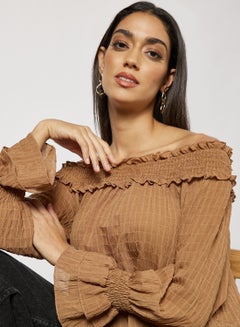 Aila Women's Casual Solid Design Cold Shoulder Blouse Coffee  - Image 3
