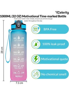 Celerity Motivational Water Bottle 1L With Time Marker & Straw Blue Pink 1Liters  - Image 2