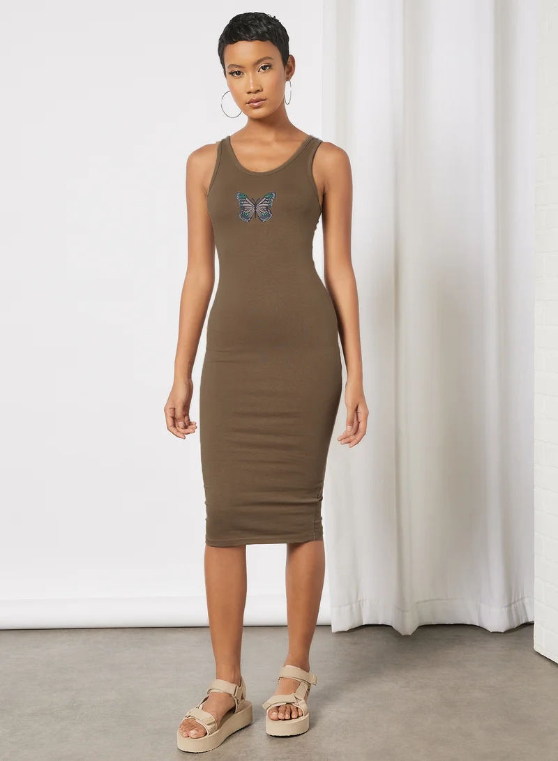 Sivvi x GenM Butterfly Embroidered Sleeveless Dress Brown