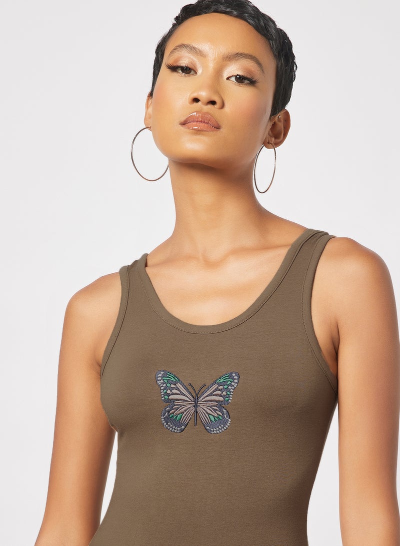 Sivvi x GenM - Butterfly Embroidered Sleeveless Dress Brown - Image 1