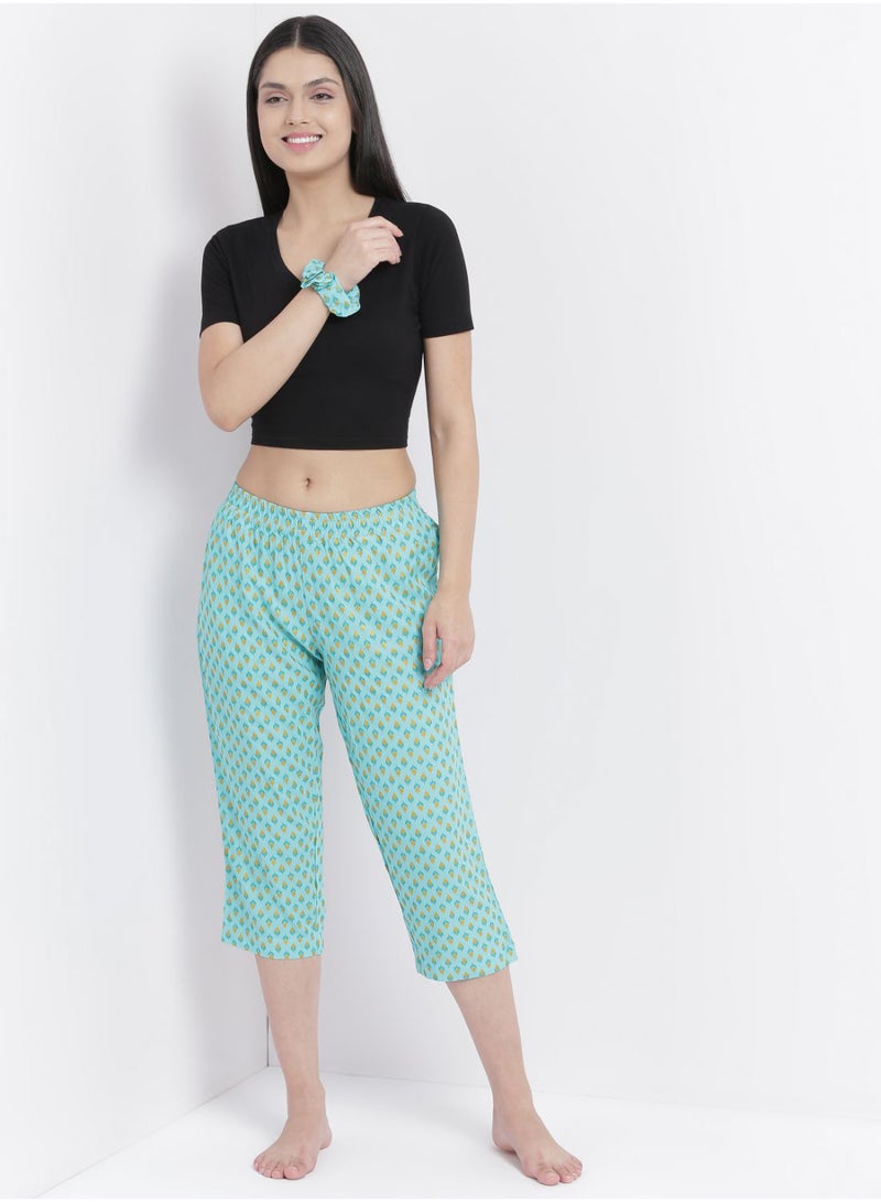 Aila Casual Comfortable Relaxed Fit Three Quarter Pyjama Pants With Matching Scrunchie Teal  - Image 3